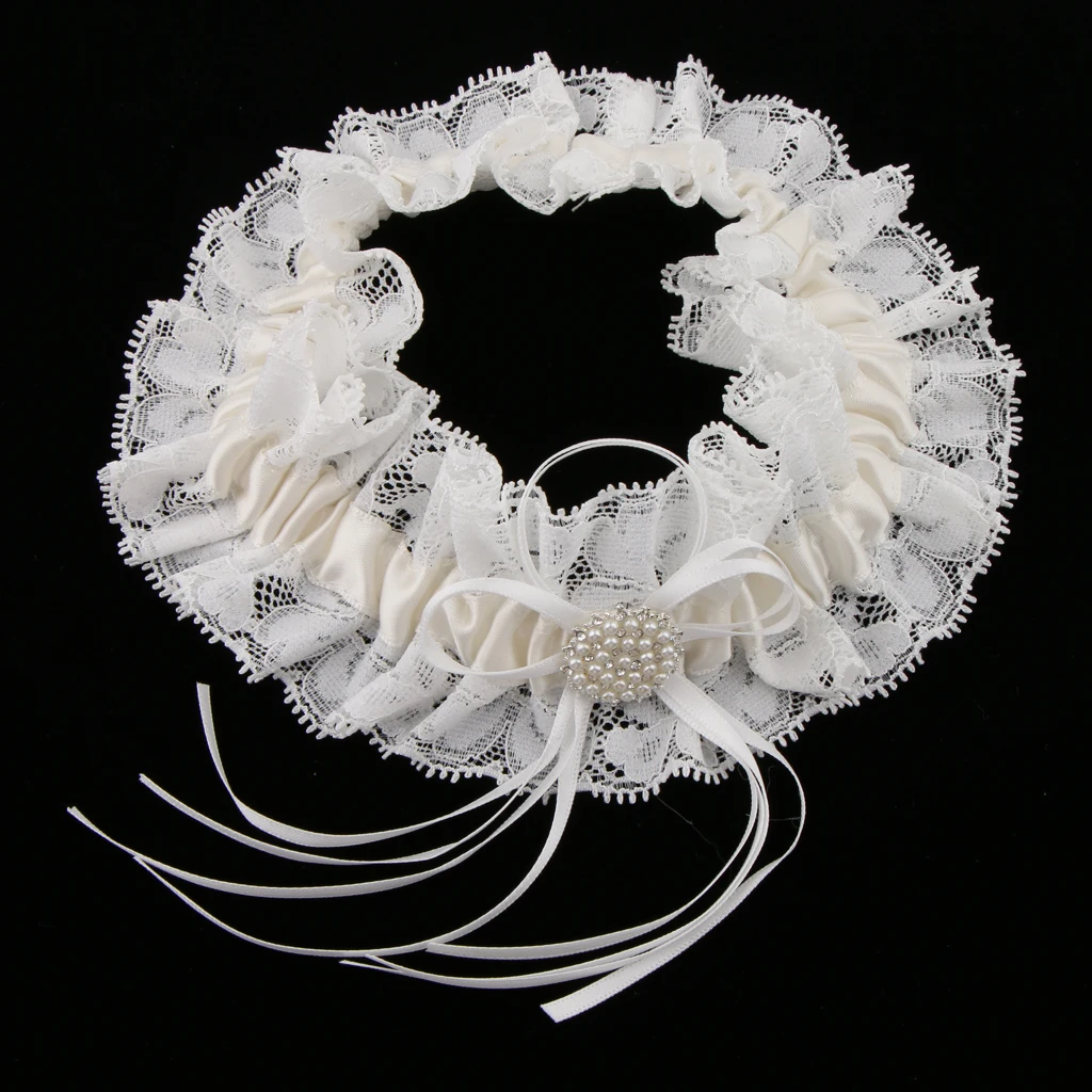 White Lace Bridal Garter with Pearls Bowknot Wedding Bridal Costume Fancy Dress