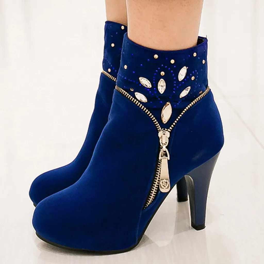 

Hot Sales Women Shoes High Heels Ankle Boots Fashion Rhinestone Winter Boots Solid Round Toe Women Boots 2019 Bota Feminina