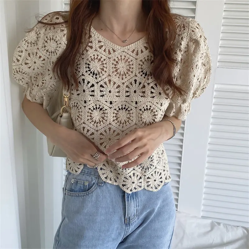 HziriP Crochet Puff Sleeve Hook Flowers New 2021 Sweet Sexy Thin Vintage Summer Gentle Hollow Out Knitted Tops Blouses 2 Colors | Женская