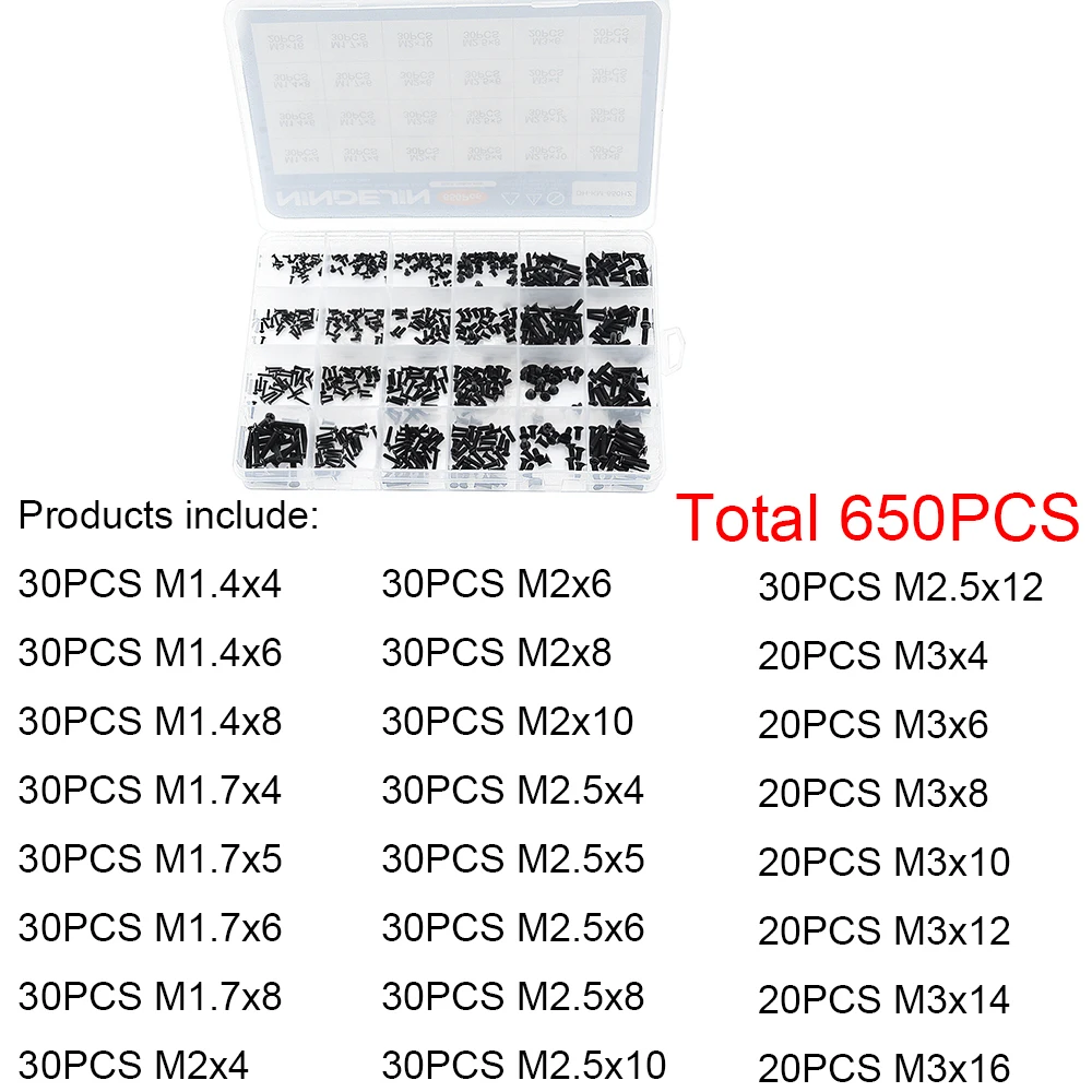 ステンレス鋼フラットスクリューワッシャー,650ピース/箱m1.4 m1.7 m2 2.5 m3,フラットヘッド,ボルト,ラップトップ用ネジ