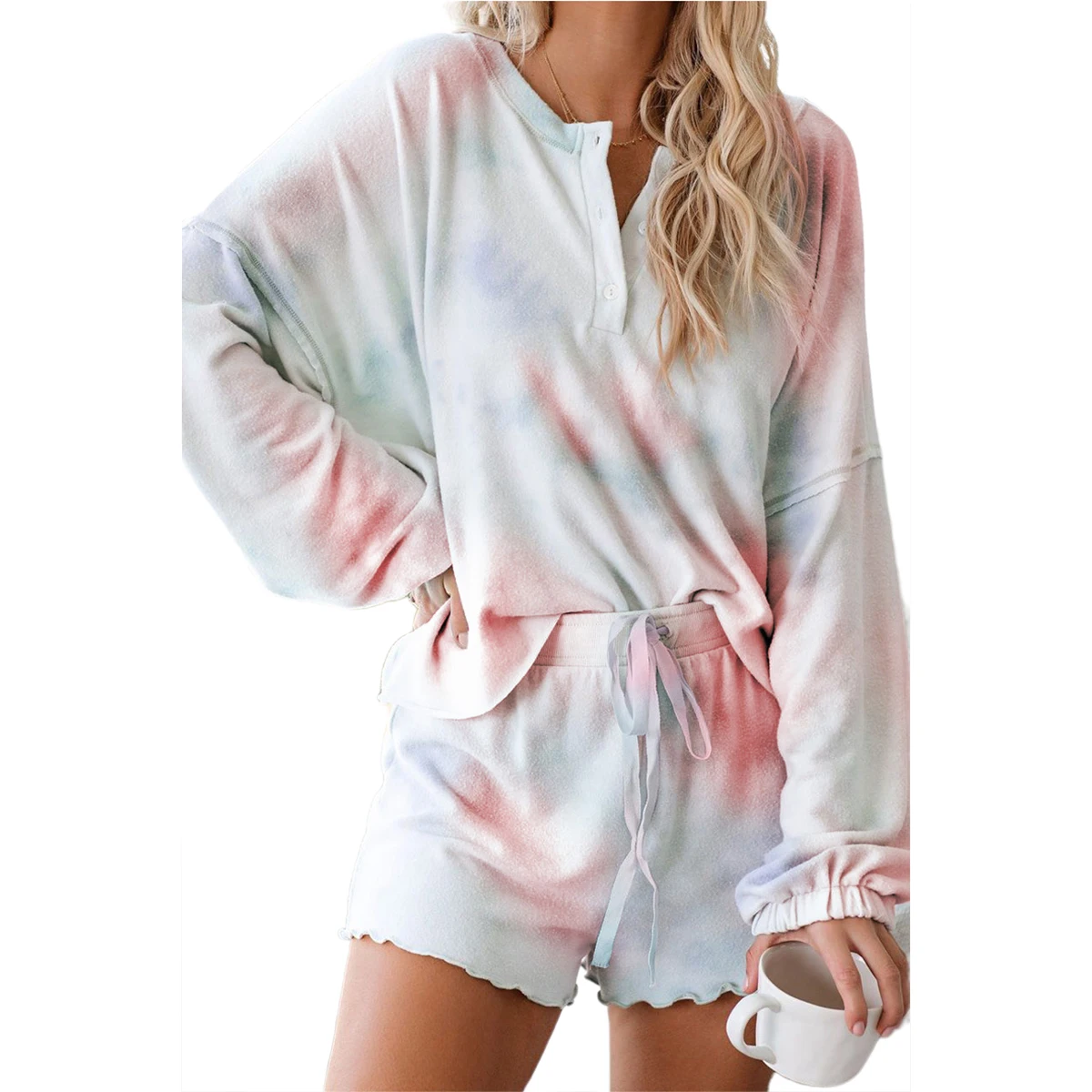 Летняя женская домашняя одежда для женщин Мягкий Топ с длинным рукавом и шорты