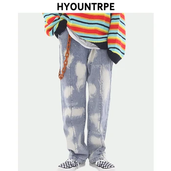 

Irregular Tie-dyed Denim Jean Pants Men Fashion Letter Embroidery Straight Zipper Loose Trouser Hip Hop Streetwear Casual Jogger