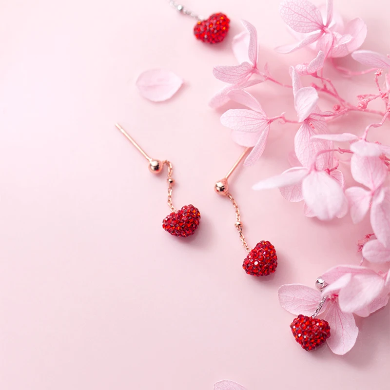 Женские серьги подвески из стерлингового серебра 925 пробы с красным сердцем и