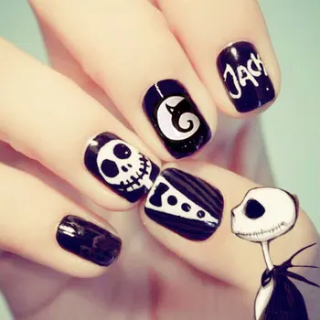 

Black and White Skull Pattern 24 sheet/set Fake False Nail Tips Round Beauty Glue Design Art Manicure Nail Stickers D36