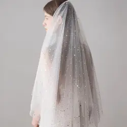 100x120cm One Layer Tulle Ivory Mid Length Wedding Veil Cover Face Gold Star Moon Sequins Bridal Photography Hair
