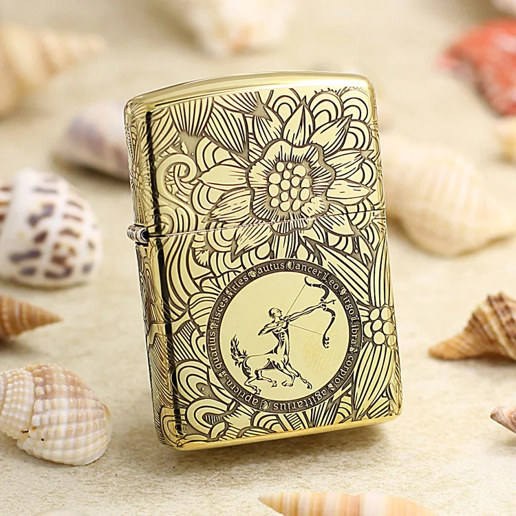 

Genuine Zippo oil lighter copper windproof 12 constellations Sagittarius cigarette Kerosene lighters anti-counterfeiting code