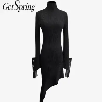 

Getspring Women Dress Asymmetry Patchwork Knitted Turtleneck Sweater Dress Women Irregular Vintage Sexy Autumn Winter Dresses