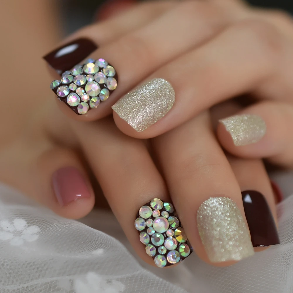 Crystal Stones Press On Nails Custom Glitter Gold Cherry Color Artificial Finernails Square Short Tips Predesigned False Nails Aliexpress