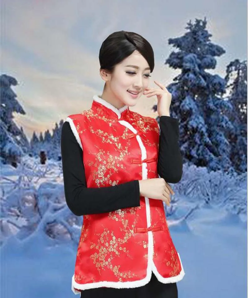 Chinese Traditional Women Cotton Vest Autumn Winter Jacket Satin Tang Suit Ladies Casual Red Keep Warm Clothes Women Chinese Shirt Women Cheongsam Waistcoat