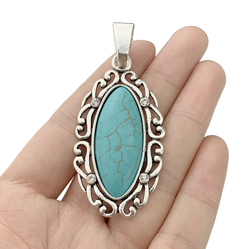 

2 x Antique Silver Color Waterdrop Shape & Faux Turquoise Charms Pendants For DIY Necklace Jewelry Making Accessories 69x31mm