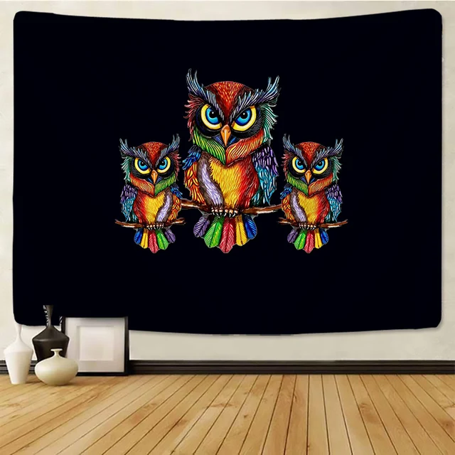Colourful Feather Abstract Owl Tapestry Wall Hanging