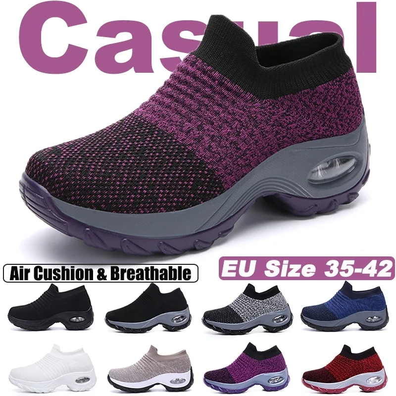 

2020 New Womens Casual Slip on Walking Shoes Fashion Sock Sneakers Breathe Mesh Comfort Wedge Platform Loafers EU Size 35-42