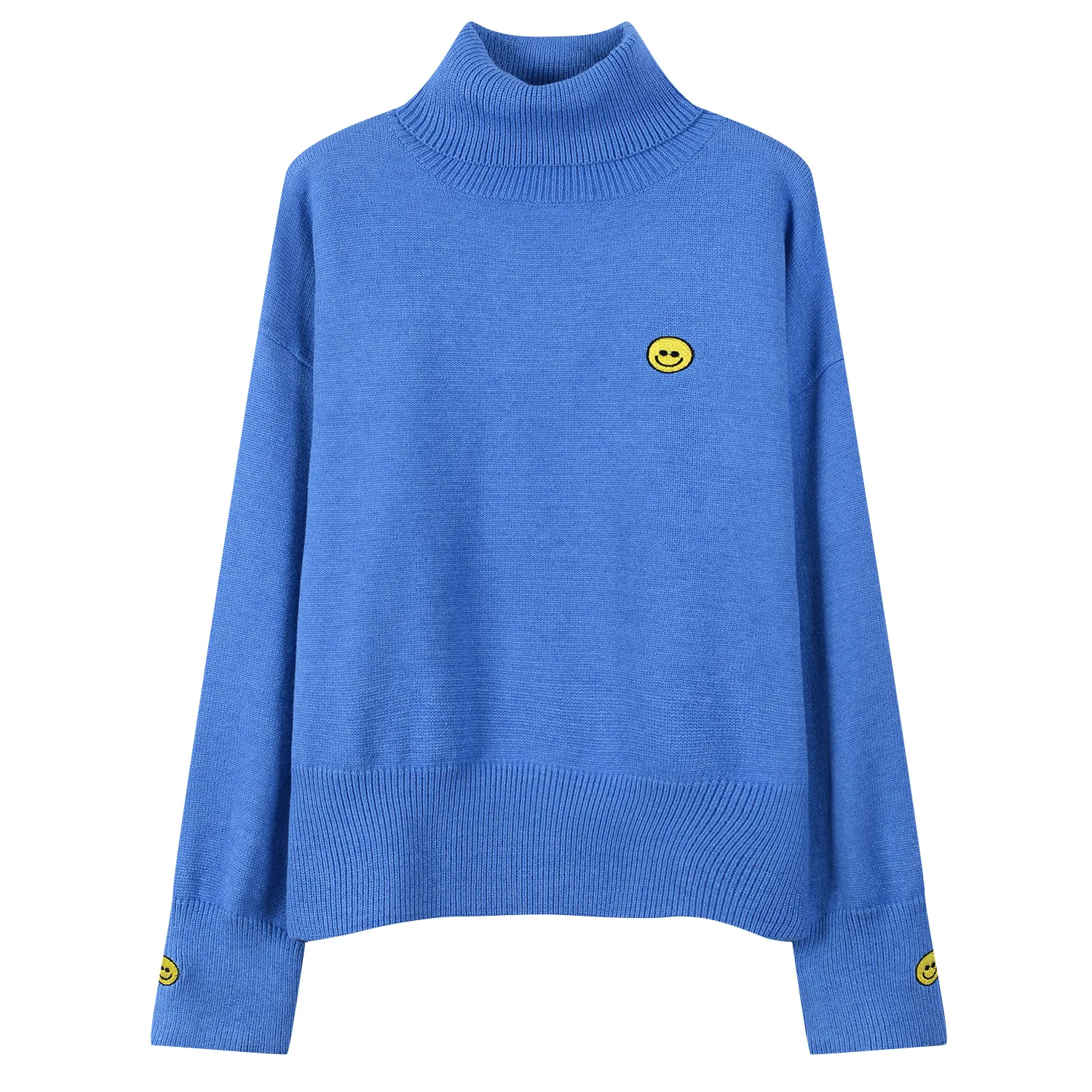 

2019 New Black Sweater Autumn High Collar Lazy Black Loose Smiling Face Knitted Embroidered Coat Pullover Black Sweater Women
