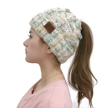 Women Fashion Hat Ponytail Cc Beanies Knitted Female Beanie for Girls Cap Soft Warm Casual Stretch Crochet Messy Bun Holey Hat