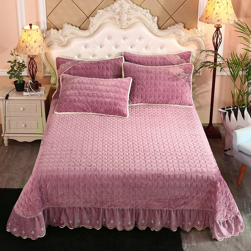 Super Soft Solid Quilted Bed Quilted Bedspread Bed Cover Winter style Warm Fleece Chic 250X250cm/250X270cm Bed spread Pillowcase