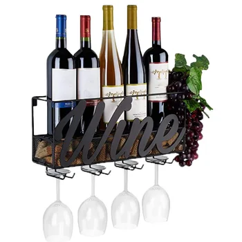 

17.71x5.12x8.66 Inch 4 Built-in Wine Glass Holders Metal Wall Mounted Wine Rack Bottle Champagne Shelf With Extra Cork Tray