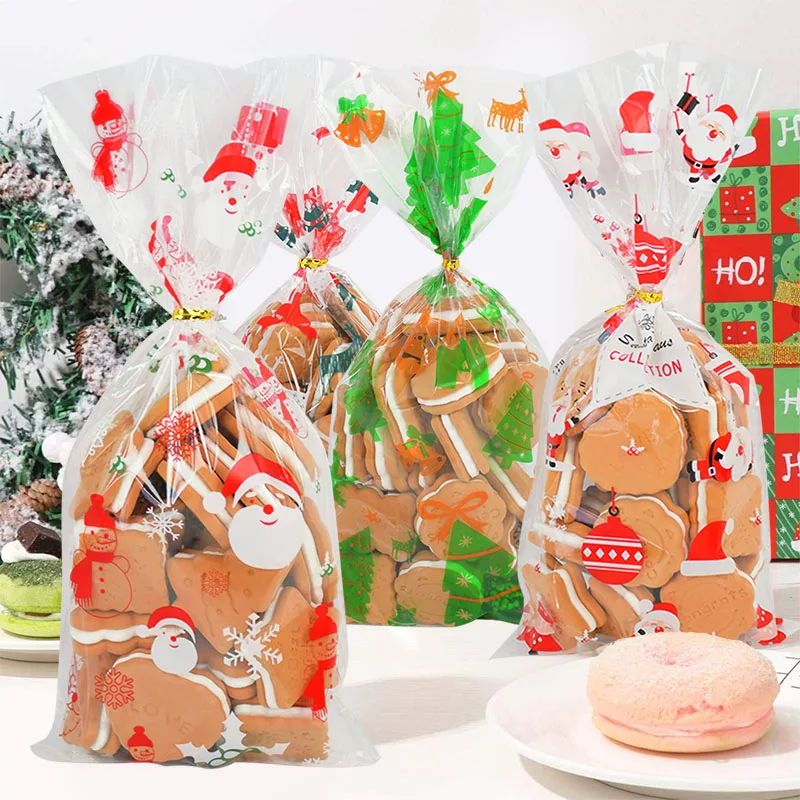 

50pcs Santa Claus Snowman Xmas Tree Elk Christmas Candy Bags Baking Cookie Biscuit Bread Packaging Bags Christmas New Year Party
