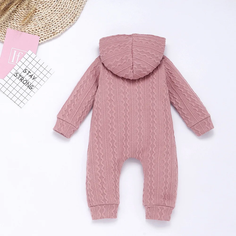 Baby Girl Clothes Winter Long Sleeve Romper Warm New Born Baby Sweater Hooded Romper Casual Solid Colour Playsuit Outfits D30