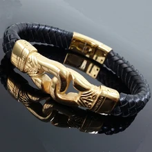 Чёрная нить кожаный золотой наручник мужской браслет 316L нержавеющая магнитный браслет со стальными элементами мужской хип хоп стальной браслет с германием