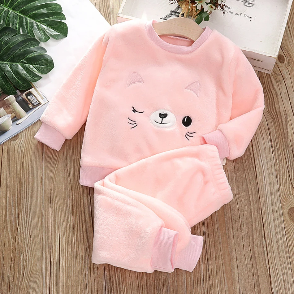 Baby Boy Warm Dinosuar Clothing Set Winter Cartoon Pajamas Outfit for Girls Pleuche Sweater Pants 2pcs Kids Suit 1-6Y kids clothing set