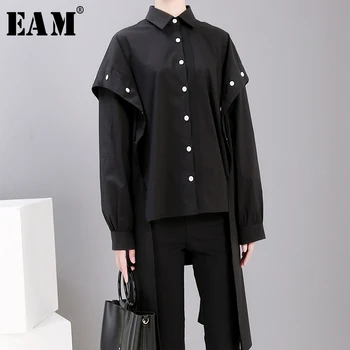 

[EAM] Women Button Split Back Long Big Size Blouse New Lapel Long Sleeve Loose Fit Shirt Fashion Tide Spring Autumn 2020 JG72501