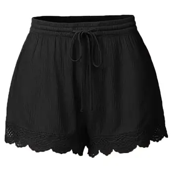 

Casual Women Solid Color Lace Trim Short Pants Elastic Drawstring Waist Shorts