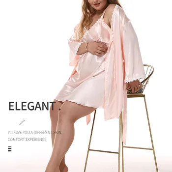 

Hight Quality Sleepwear Set Women's Sexy Plus Size Lace Trim Imitated Silk Nightdress + Night-robe Outfits Lace Patchwork