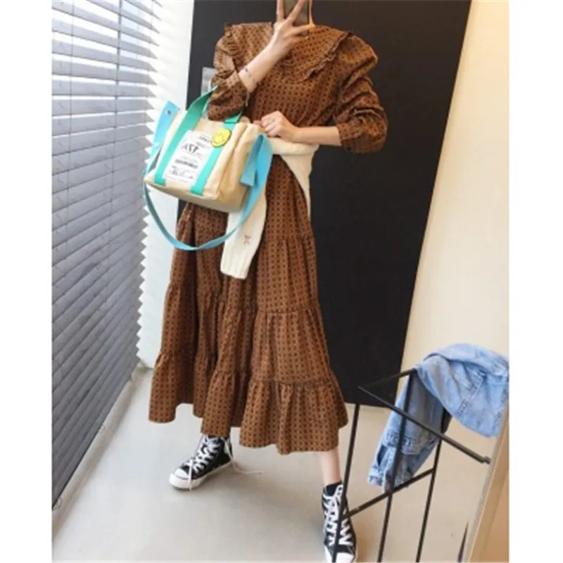 

Women Loose Long Dress Fall Korean Style Big Lapel Patchwork Female Dresses Fashion Fashion Oversize Ankle -length Dress
