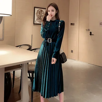 

Autumn Velvet Dress Women Elegant Long Sleeve Pleated Ladies Party Dresses 2019 Casual Belted Winter Dress Vestidos Robe Femme