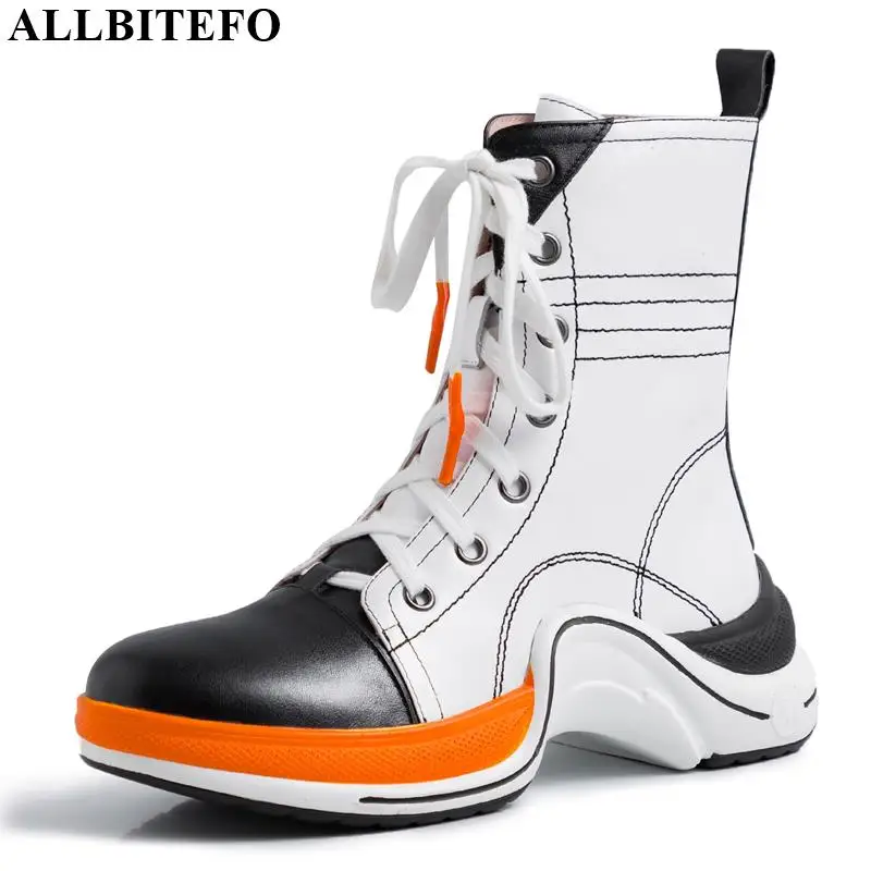 

ALLBITEFO new fashion genuine leather flat heel women boots simple style ankle boots winter pure color girl comfortable boots