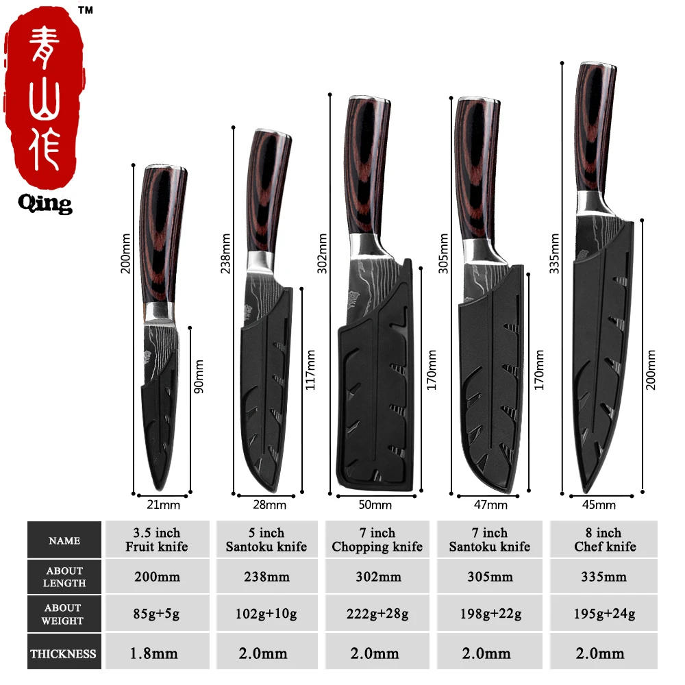 Qing Quality Chef Knife 7CR17 High Carbon Stainless Steel Japanese Series Damascus Laser Pattern 8" 7" 5" 3.5" Kitchen Knife