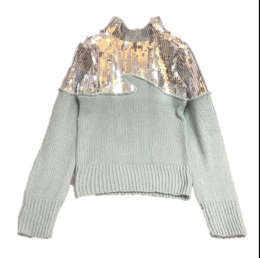 New Heavy Handmade Sequined Sweater Stitch Mohair Light Green Women's Knit Jumper Pullover Top Ladies Pull Femme | Женская одежда