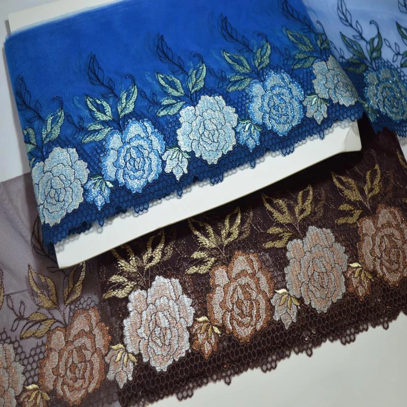 

10meters Blue Coffee Mesh Embroidery Lace Trims Sewing Cheongsam Baby Dress Skirt Pet Scarf Bra Underwear Accessories 18cm Wide