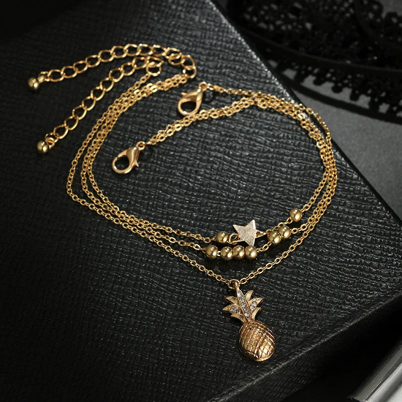 Women Creative Multi-layer Gold Star Pineapple Anklet Charm Gold Colored Beads Party Gift Jewelry Women Creative Multi-layer Gold Star Pineapple Anklet Charm Gold Colored Beads Party Gift Jewelry