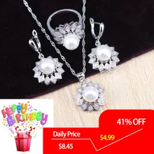 Белый жемчуг свадебные ювелирные изделия 925 стерлингового серебра ожерелье серьги для женщин кольцо модные подвески, ювелирные изделия наборы