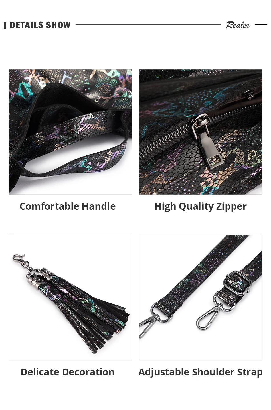 REALER/женская сумка из натуральной кожи; Большая вместительная сумка-тоут; женские разноцветные змеиные принты; женские сумки на плечо с кисточкой