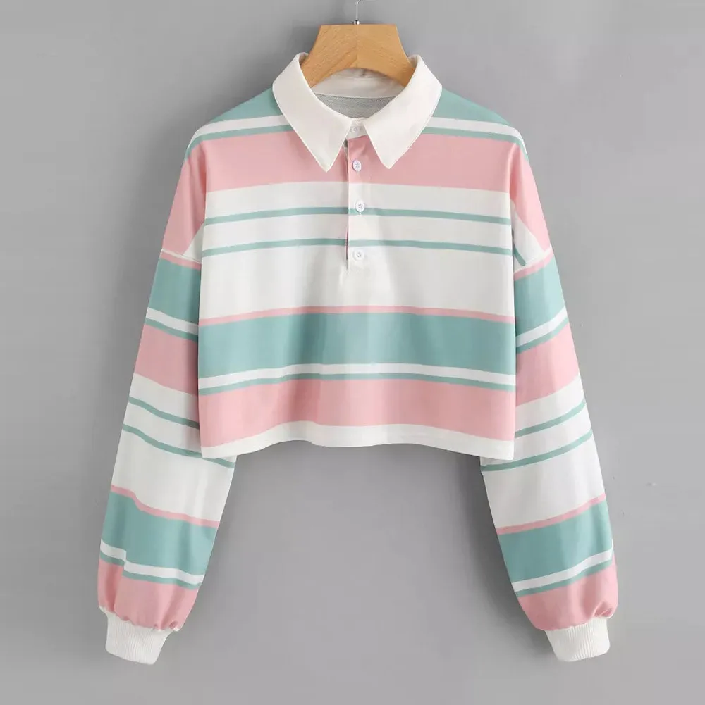 

NEW Autumn 2019 Sweatshirts Women Crop Tops Striped Long Sleeve Turn Down CollarTops and Blouses Harajuku Kawaii Sweatshirts A4