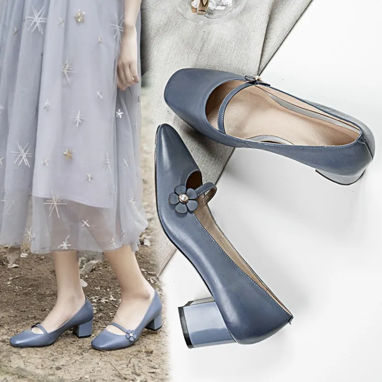 

Spring And Autumn Hot Selling Square Head Chunky Heel Solid Color Simple Versatile Sweet Literature And Art Retro Flower Women's