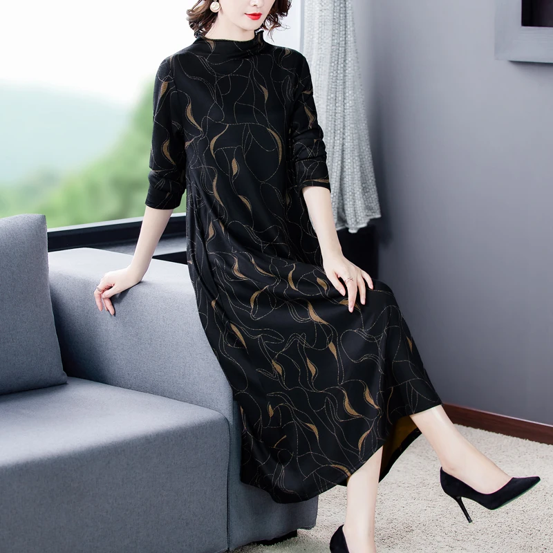 

Winter New Loose Casual Black Print Warm Maxi Dress Autumn Vintage Midi Dress Women Elegant Bodycon Party Evening Vestidos