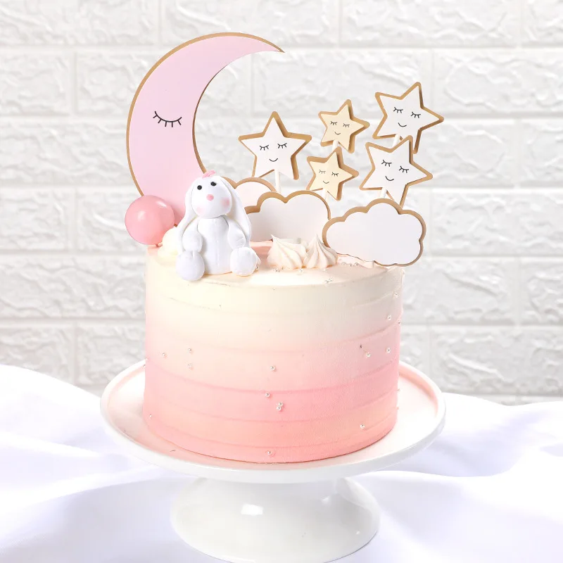 

New Moon Happy Birthday Cake Topper Stars Birthday Cupcake Topper Supplies for Girls Birthday Party Cake Decorations Baby Shower
