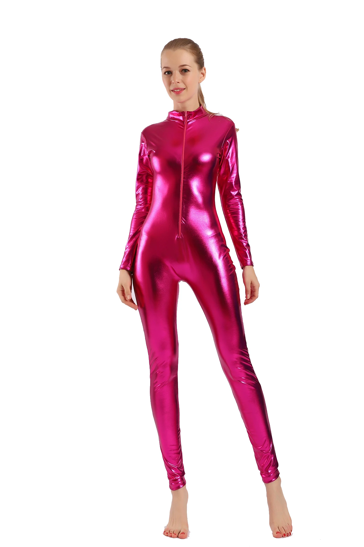 AOYLISEY Women Shiny Metallic Catsuits Unitard Long Sleeve Mock Neck Ballet Jumpsuits for Dance wear Men Zentai Costumes