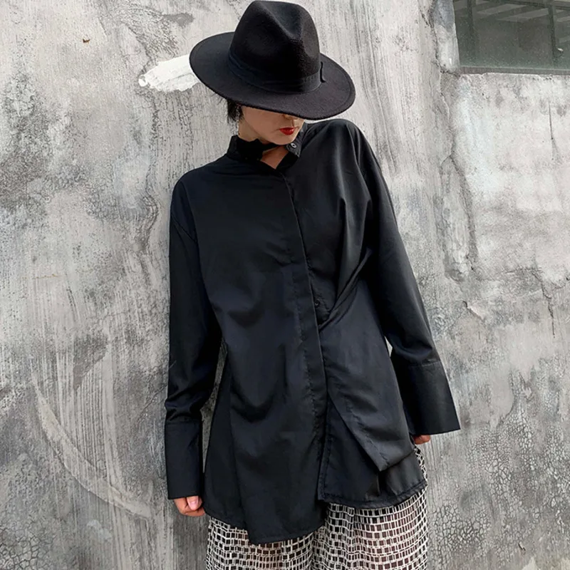 

LANMREM Black Lapel Long Sleeve Irregular Split Two Wear Loose Plus Woman Shirt Casual Wild Simple Fashion 2019 Autumn New TV947