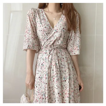 

Chicsexy V-neck lantern sleeve flowers print rustic long dress chiffon 2020 summer Korean lady dress