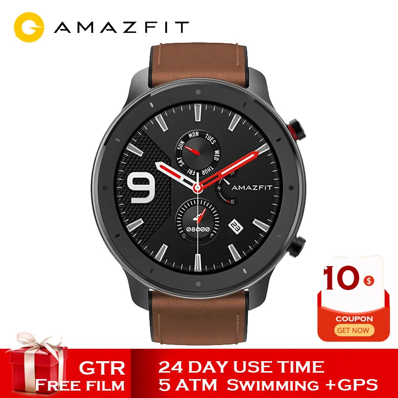 Смарт-часы Amazfit GTR 24 дня Срок службы батареи 5 атм водонепроницаемый gps ГЛОНАСС 12 спортивных режимов 326ppi AMOLED экран черный/серебристый