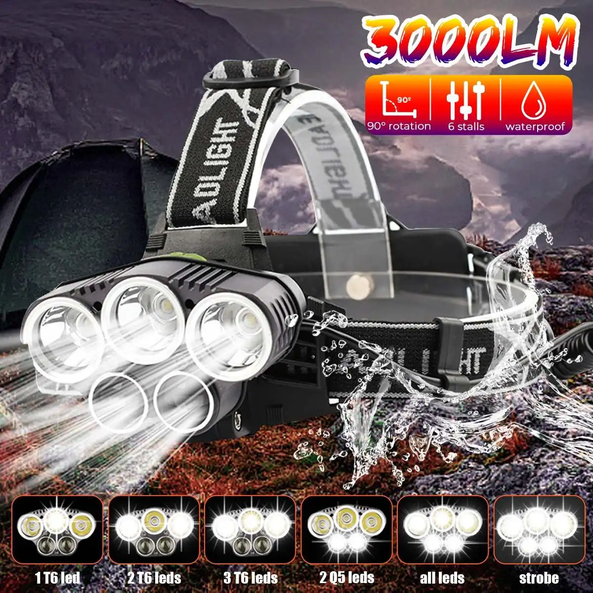 

3000LM 6Modes Ultra Bright Headlamp 3xT6 + 2xQ5 LED Headlights USB Rechargeable Waterproof Hunting Hiking Fishing Zoom Head Lamp