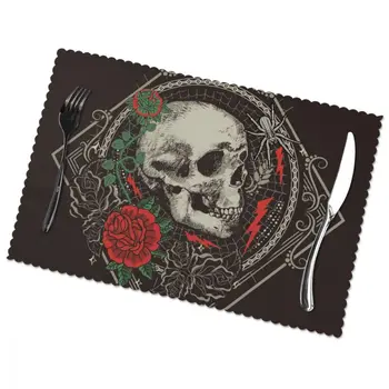 

6 PCS Placemat Table Mat Gothic Skull And Roses For Tables Heat-insulation Linen Kitchen Dining Pads