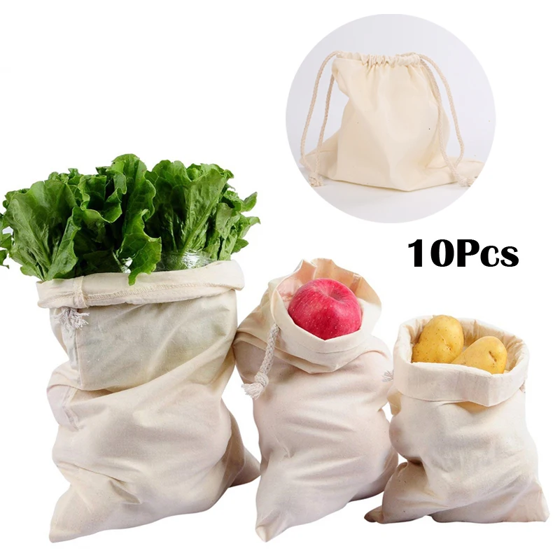 

10Pcs/Set Reusable Organic Cotton Storage Bag Vegetable Fruit Grain Grocery Bag Holder Reusable Eco-Friendly Shopping Cloth Bag