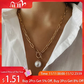 

IngeSight.Z Punk Imitation Baroque Pearl Pendant Necklace Curb Cuban Thick Chain Toggle Clasp Long Necklaces for Women Jewelry