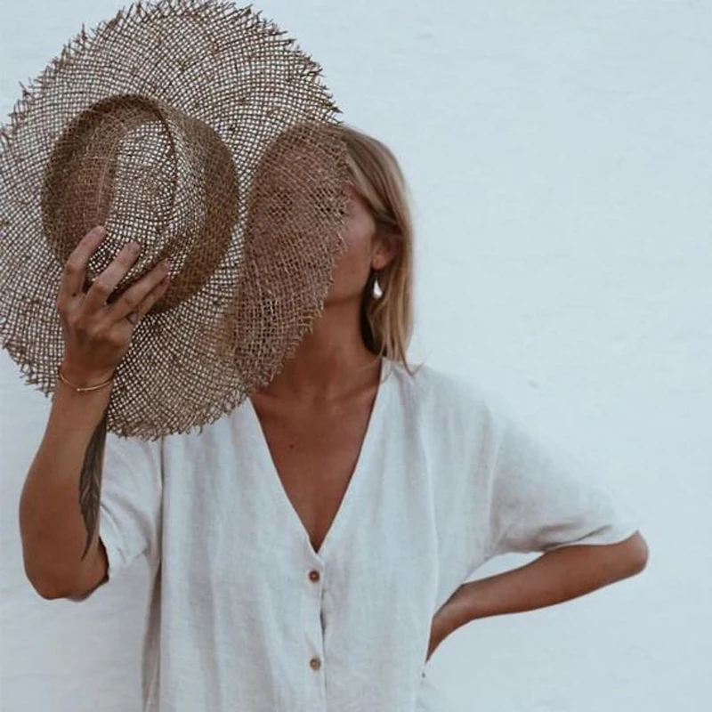 

Men Women Straw PorkPie Top Wide Brim Boater Hats Summer Sombrero Sunhats Beach Caps Outdoor Travel Size US 7 1/4 UK L
