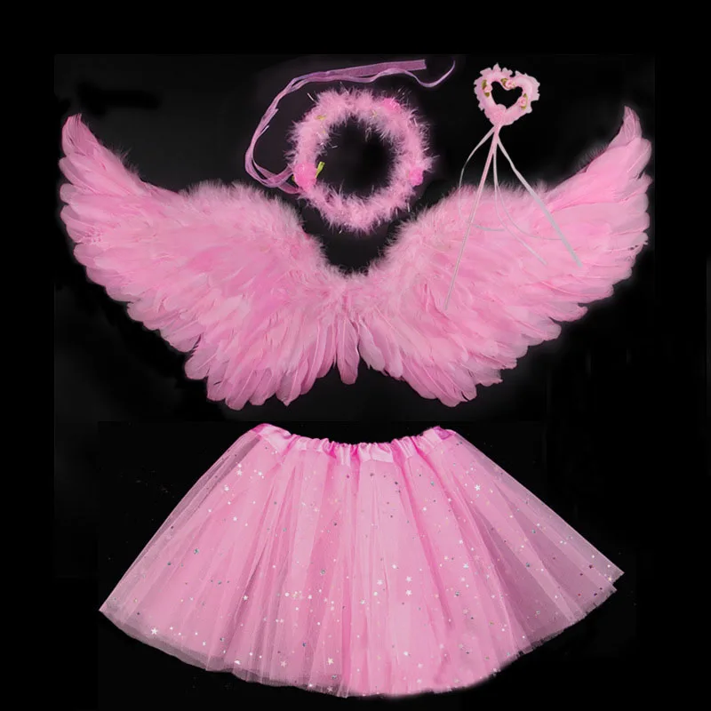 4pcs set pink Костюм ангела, повязка на голову, крылья, палочка, Halo, юбка-пачка, комплект, перо, угол, платье феи для девочек, наряд на Хэллоуин, Рождество, navidad - Цвет: 4pcs set pink